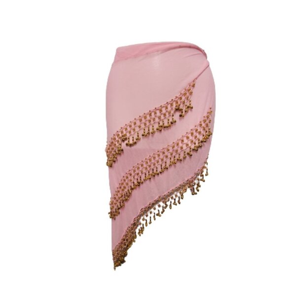 Pink Bellydance Hip Scarf Gold Ball Beaded Tassels Long Wide Wrap Scarf Skirt - Picture 3 of 7